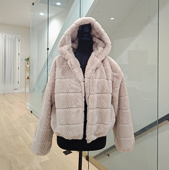 Stella Tweed Jackets & Blazers - Stella Tweed Plush Hooded Teddy Jacket in Light Beige- FURR